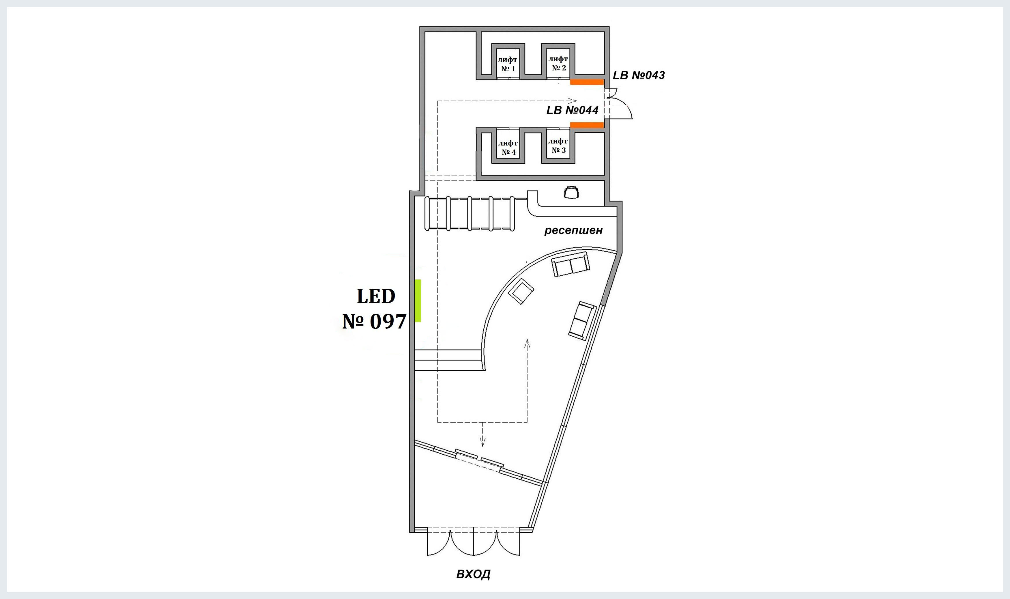 Схема расположения мониторов и LED панелей в бизнес центре Авиа Плаза