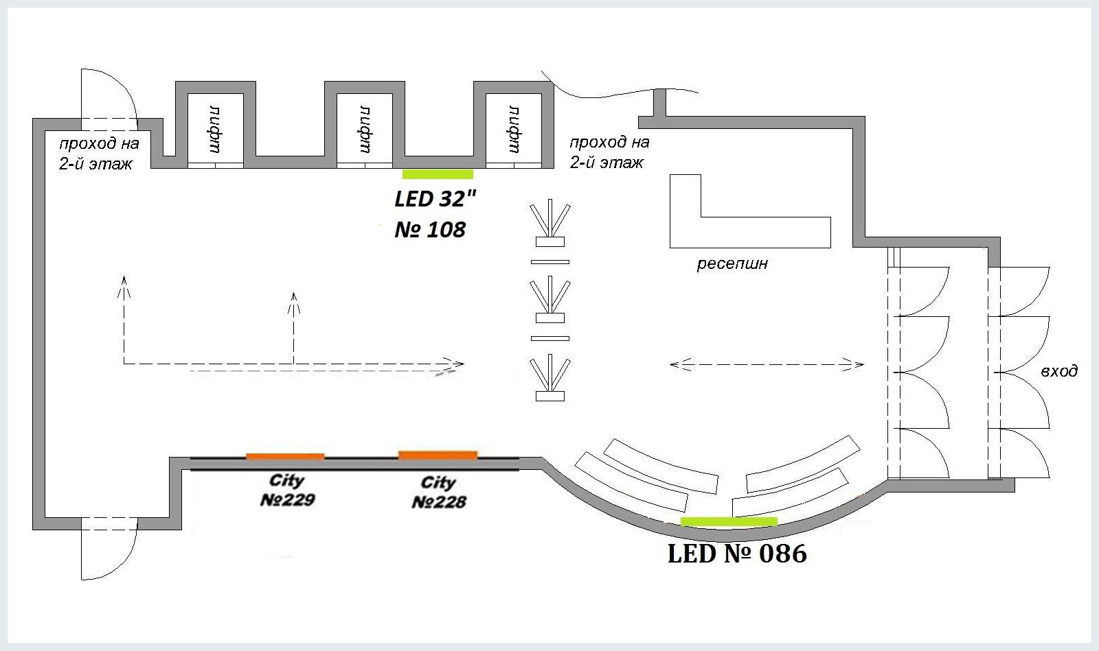 Схема расположения мониторов и LED панелей в бизнес центре Capital Tower