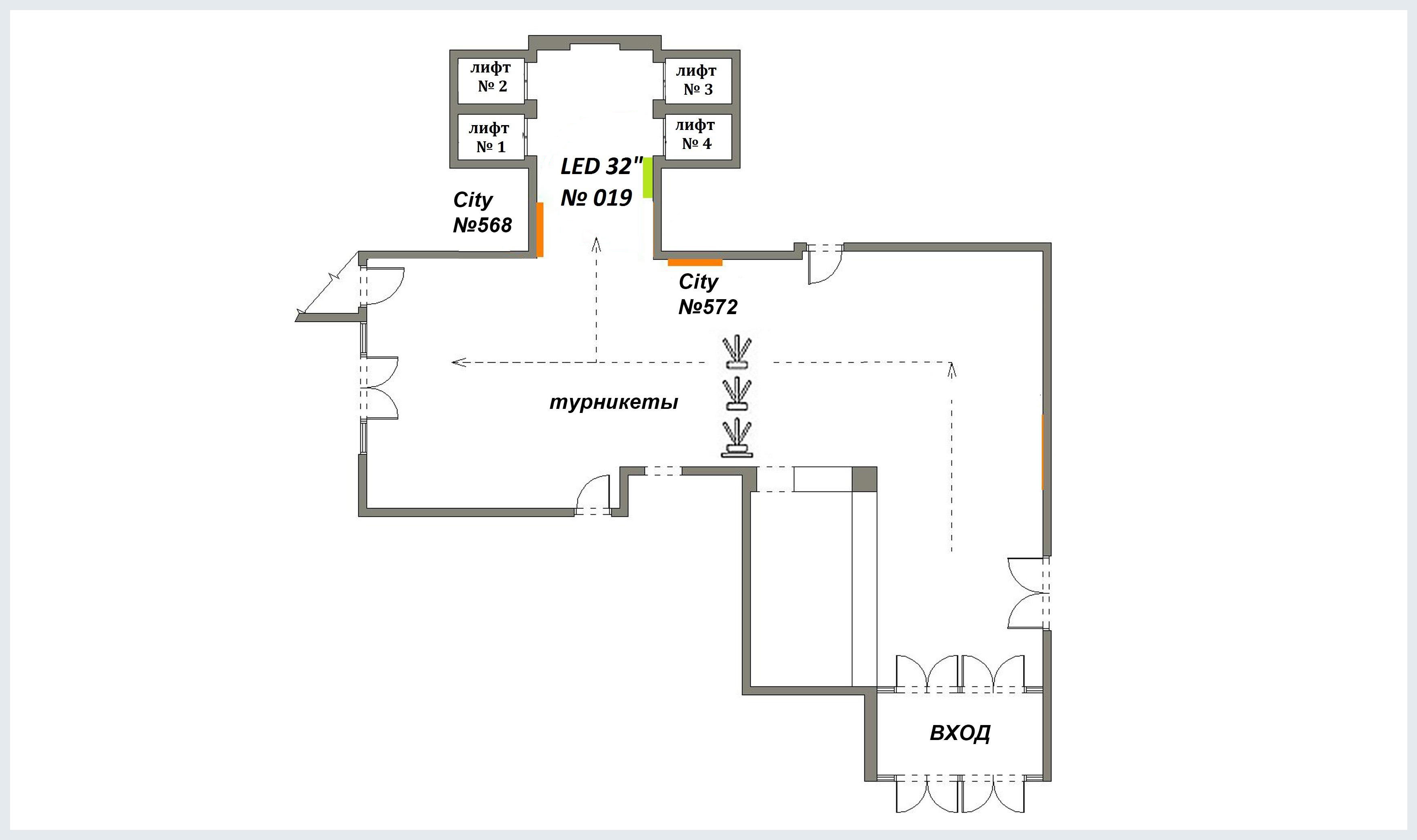 Схема расположения мониторов и LED панелей в бизнес центре Pallau-NK
