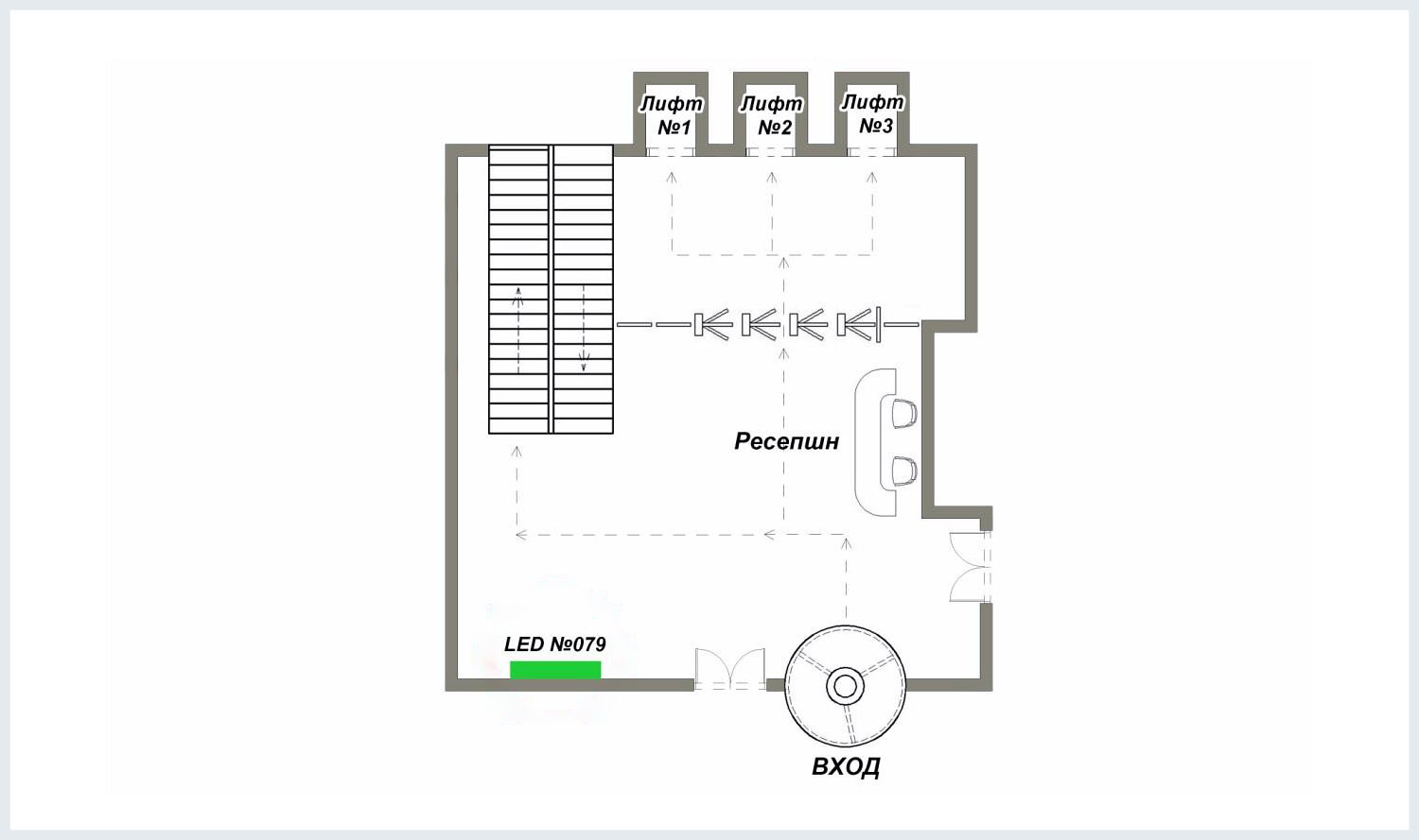 Схема расположения мониторов и LED панелей в бизнес центре Женевский дом